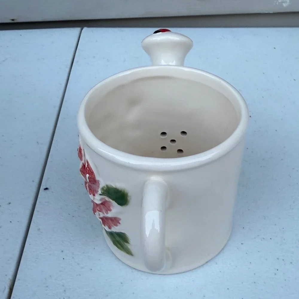 Ceramic Miniature Watering Can Pink Peony Flower Ladybug Cottagecore Decor 4.5in